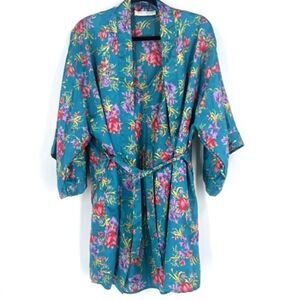 Vintage Val Mode Lingerie Womens Floral Kimono Robe and Cami‎ Set blue Sz Medium